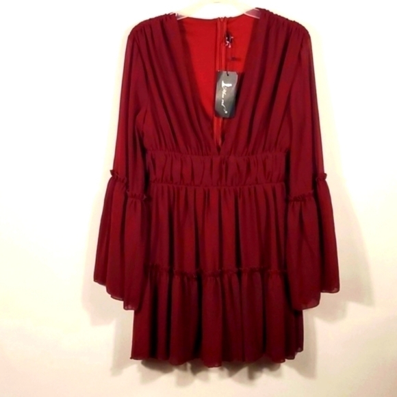 Plunging Neck Frill Maroon Ruffle Hem Chiffon Dress Size Medium NWTG - Picture 3 of 15